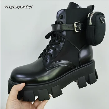 

Genuine Leather Ankle Motorcycle Boots Triangle Metal Decor Detachable Pocket Bag Belt Pocket Design Knight Boots for Women