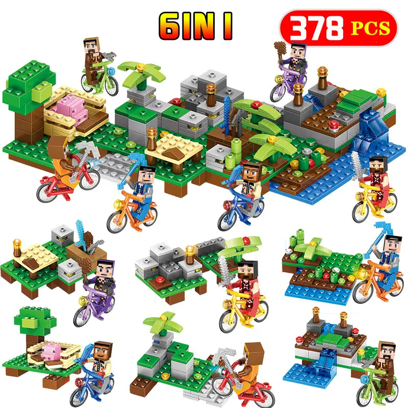 

Figures Bricks Toys For Children My World 378pcs 6 IN 1 Farm Cottage Village Building Blocks Compatible Le-G-OINGLY Minecrafted