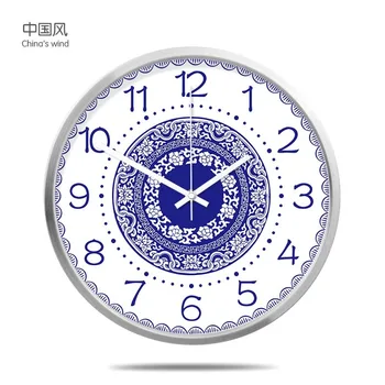 

Creative Living Room round Hanging Clock/Chinese-Style Metal Clock Large/Chinese-Style Blue and White Porcelain Decorative