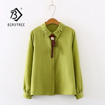 

Autumn New Women Vintage Solid Corduroy Lantern Sleeve Blouse Turn-down Collar Green Shirt With Bow Winter Tops Feminina Blusa T