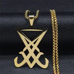 Sigil of Satan Stainless Steel Statement Necklace - Hidden Devil Pendant Jewelry (60cm BOX GD)