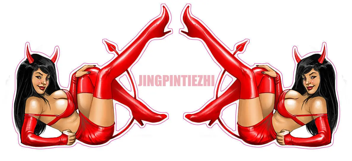 

personality Black Hair Devil in Red Leather Pin Up Decal Pair Sticker Vinyl Decals racing stickers