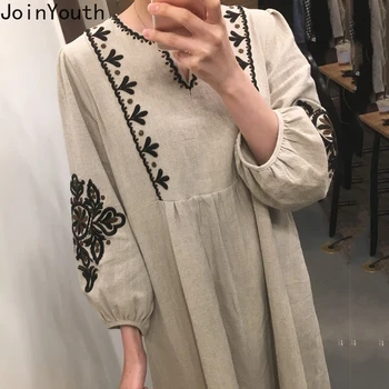 

Joinyouth Vintage Floral Embroidery Women Dress 2020 Spring Long Sleeve V-neck Dresses Korean Causal High Waist Vestidos 58933
