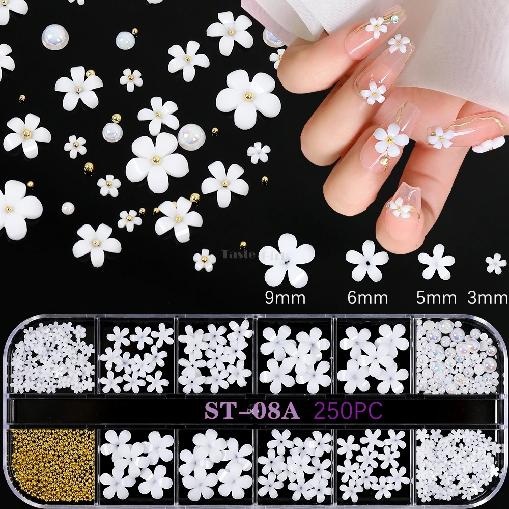 

12 ячеек/коробка смешанные белые золотые жемчужные Многослойные пятилепестковые белые цветы Акриловые стразы для дизайна ногтей украшения ...
