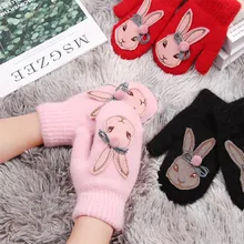 Модные детские милые перчатки из кролика с героями мультфильмов, зимние толстые теплые перчатки для девочек, милые шерстяные варежки с кроличьим мехом