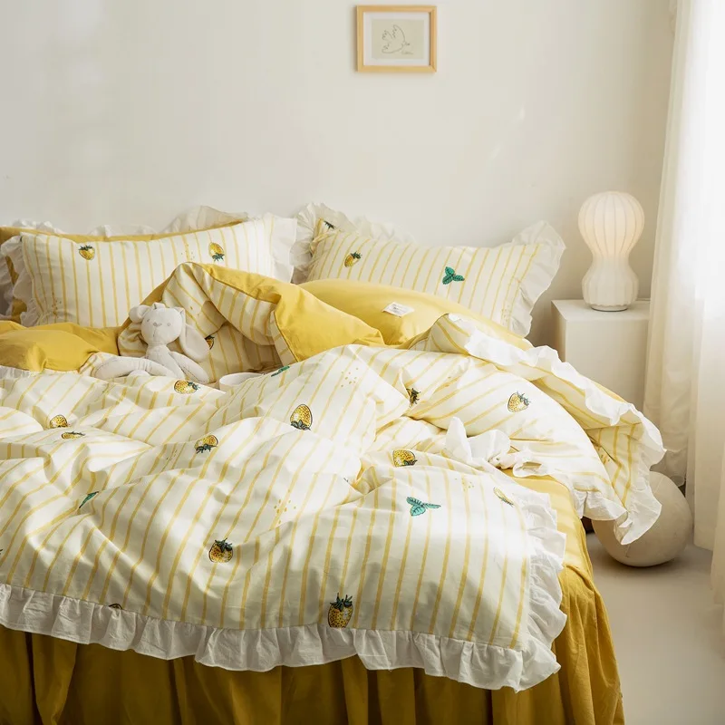 Постельное белье с оборками в Корейском стиле, набор постельного белья из 100% стиранного хлопка, летний комплект пододеяльников с