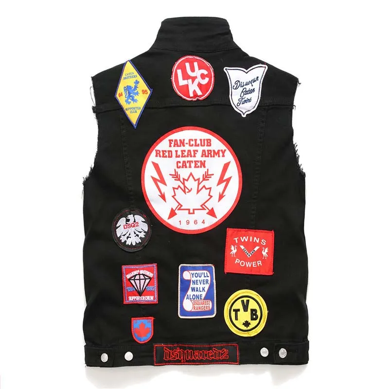 Men High Street Denim Vest Fashion Badge Patchwork Waistcoats For Male Sleeves Jeans Jackets Streetwear (6)