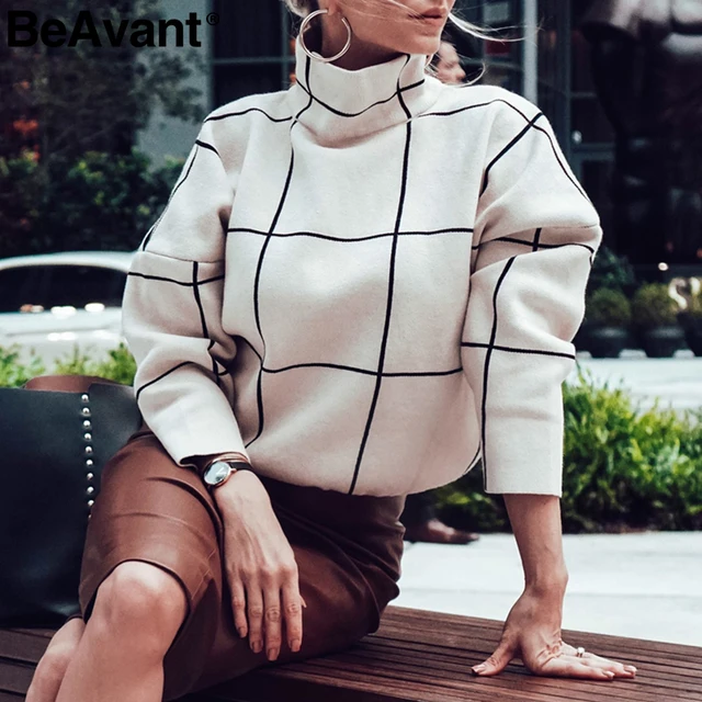 US $17.99 BeAvant Plaid turtleneck women pullover sweaters Casual office ladies outerwear knitted sweaters Au