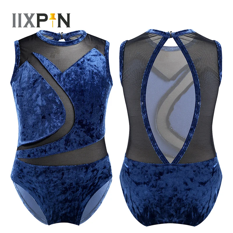 

Kids Gymnastics Leotard Girls ballet leotards Sleeveless Soft Comfortable Pleuche Mesh Splice Cutout Back Ballet Dance Jumpsuit