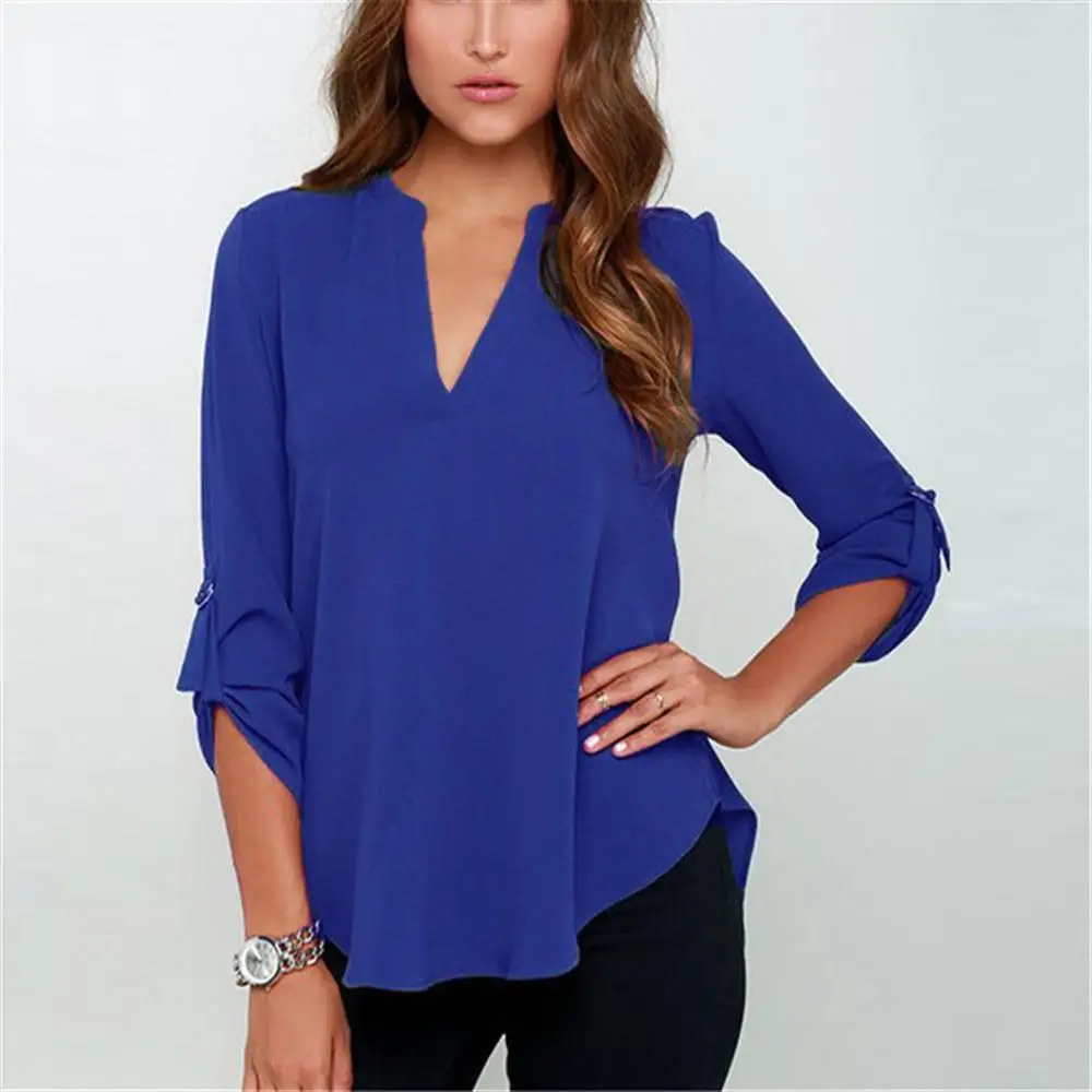 Осенняя Однотонная рубашка со сложенным рукавом свободного размера плюс 5XL шифоновая блузка с длинным рукавом Топы новые женские сексуальные повседневные блузки с v-образным вырезом - Цвет: blue