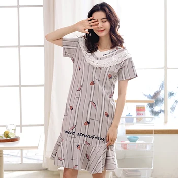 

Perfering 2020 Cotton Korean Night Dress Loose Women Sleepwear Ladies Nightwear Nightgown Summer Home Dress Nighty