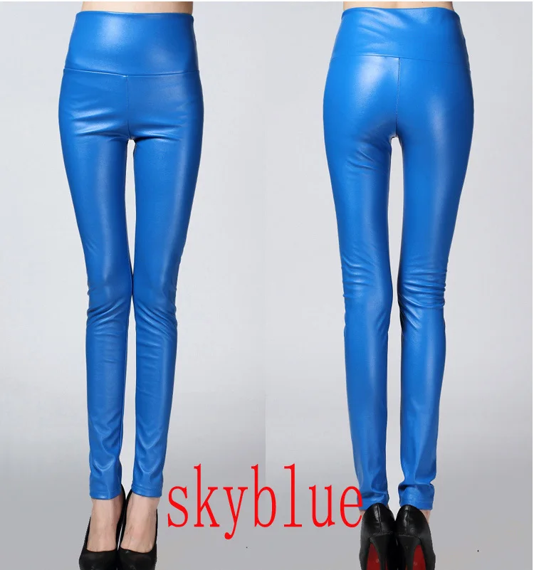 sky blue Женские леггинсы на осень и зиму, обтягивающие леггинсы из искусственной кожи, облегающие леггинсы из искусственной кожи, женские модные брюки из плотного флиса - Цвет: sky blue