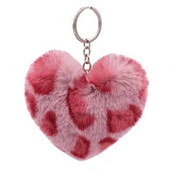 

Sexy Leopard Print Fluffy Heart Keychains Women's Pom Poms Faux Rex Rabbit Fur Key Chains Girl Bag Hang Car Key Ring Jewelry