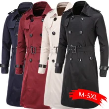 Для мужчин плащ Британский Стиль Классический Тренч куртка длинное двубортное пальто тонкая верхняя одежда регулируемый ремень с кожаными рукавами для девочек пояс
