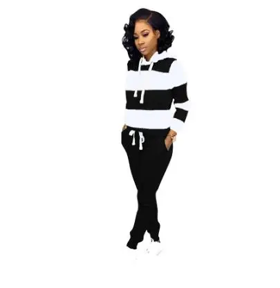 Winter Women's set Tracksuit Full Sleeve Hoodied Sweatshirt Pockets casual Pants Suit Two Piece Set Outfits sweatsuit - Color: Black