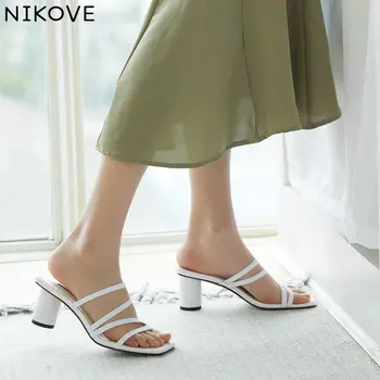 

NIKOVE 2020 Summer Sandals Women Pumps Shoes Sheepskin+PU Slingback Med Heel Pointed Toe Solid Casual Fashion Shoes Size 34-39