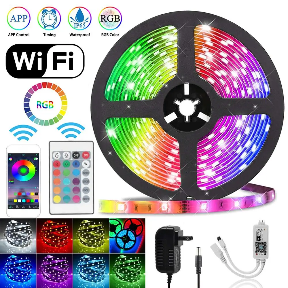 

LED Strip 5050 RGB 5M RGB Waterproof 150 Leds Color Changeable Flexible LED Strip Light WIFI Remote Controller Power