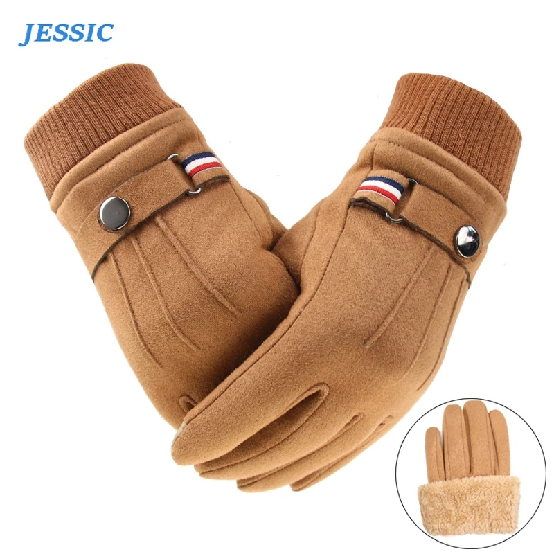 

JESSIC Winter Men's Gloves Suede Keep Warm Touch Screen Windproof Driving Thick Anti Slip Outdoor Male Leather Gloves