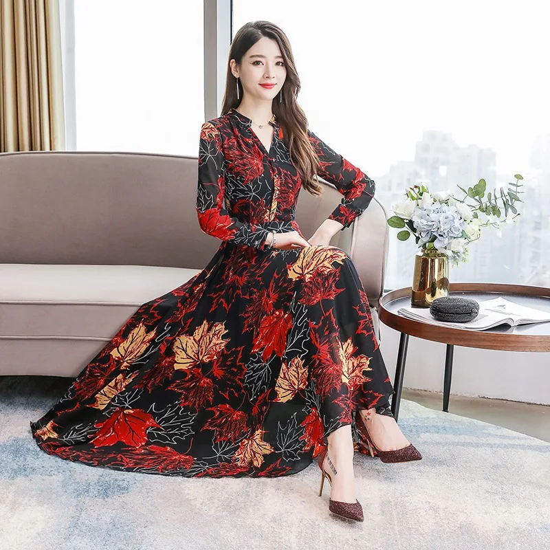 

2019 New Style WOMEN'S Dress Autumn Clothing Early Autumn Waist Hugging Slimming Elegant Kuotaitai Lady Chiffon Dress Long