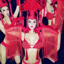 Сценические костюмы для певцов Dj Ds, сексуальный красный китайский бантик, комплект бикини, праздничный наряд для женщин, Одежда для танцев и выступлений DN4853