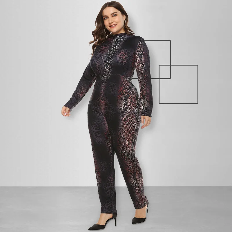 XL-5XL, змеиный принт, облегающий женский комбинезон,, повседневный женский комбинезон с круглым вырезом и длинными рукавами