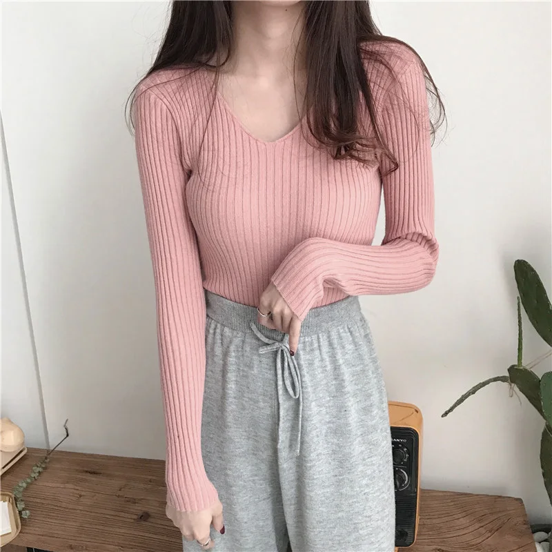 

2019 Basic V-neck Solid Autumn Winter Sweater Pullover Women Female Knitted Warm Tops Slim Long Sleeve Badycon Sweater Cheap