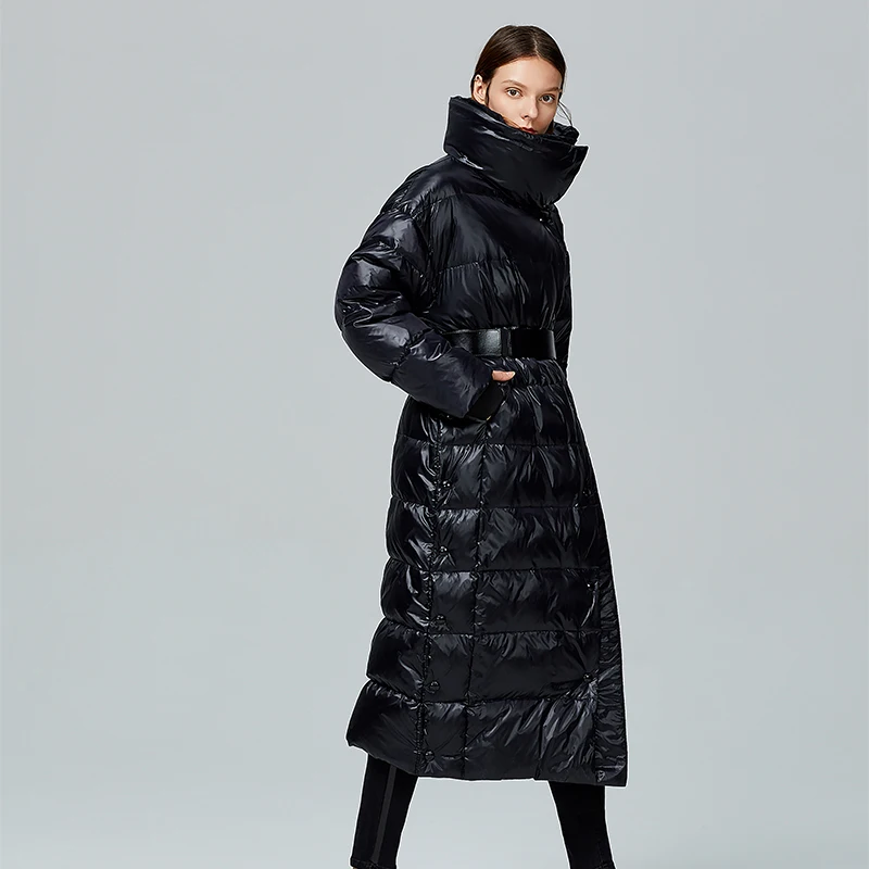 Высокое качество, новинка, зимняя куртка для женщин, длинный пуховик с капюшоном, Женское пальто, зимняя теплая плотная куртка на 90% белом утином пуху