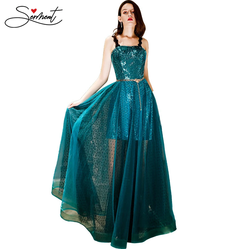 

SERMENT Dark Green Sequins Long Evening Dress Vintage Quare Collar Suitable for Dance Party Party Appointment Work Clothes