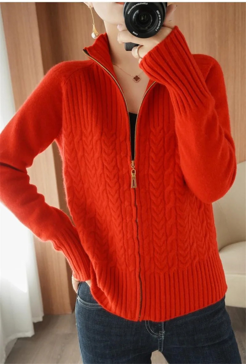 Zipper Knitted Sweater Cardigan Women Stand-Up Collar Loose Cable  Solid Knit Sweater Jacket Female Student Tops Autumn Red Pink