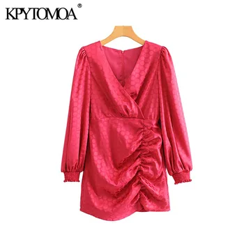 

Vintage Elegant Polka Dot Pleated Wrap Dress Women 2020 Fashion V Neck Long Sleeve Office Wear Female Dresses Vestidos Mujer