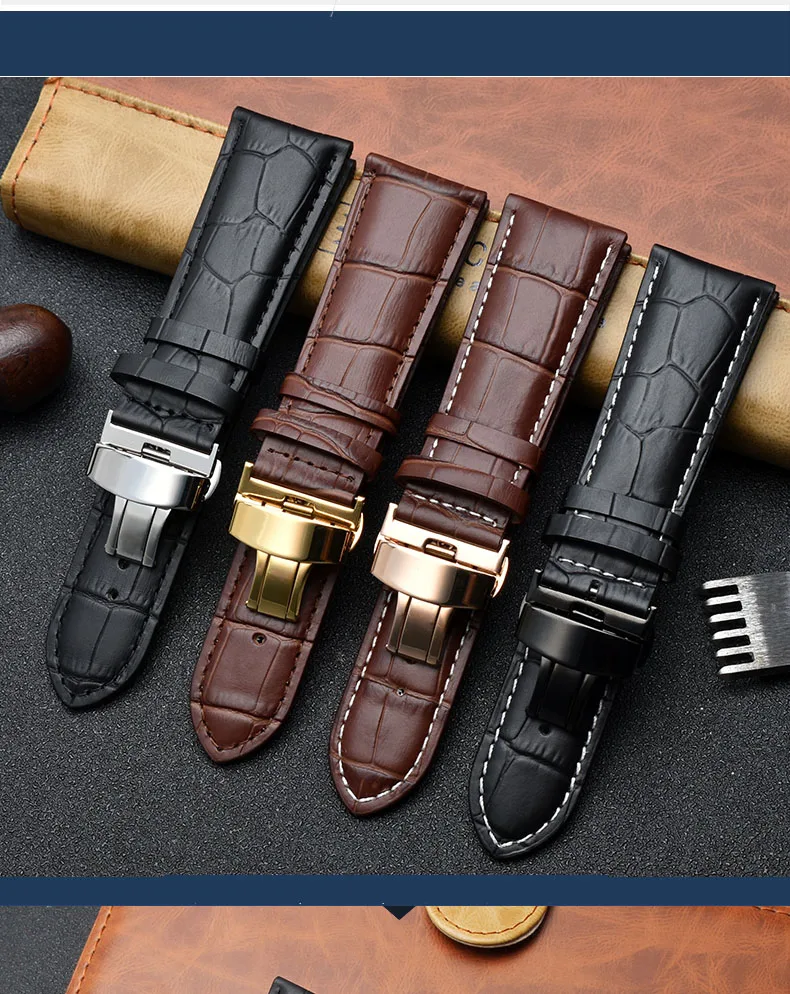 23mm 24mm 26mm 28mm big width-black brownButterfly clasp Mens Alligator Genuine Leather Watch-Strap Band bracelets free shipping