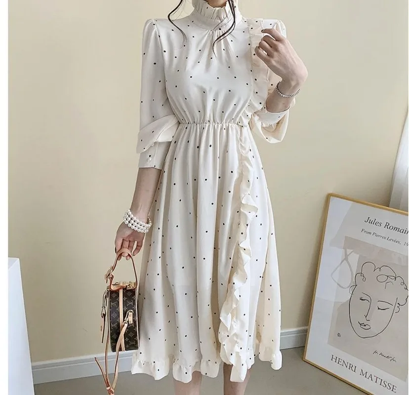 

Elegant O-neck ruffle split Printed Women Dress long Sleeve A-line Female Dress 2020 Vintage Women Midi Vestidos