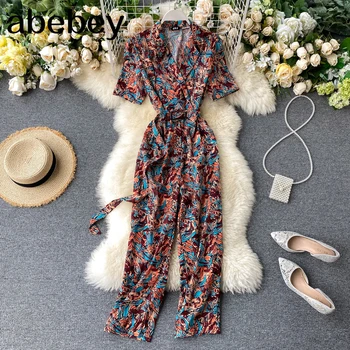 

Vintage 2020 Notched Neck rompers Slim floral print Summer Full Length Bandage Jumpsuit Women Elegant Office Playsuit Tie Romper