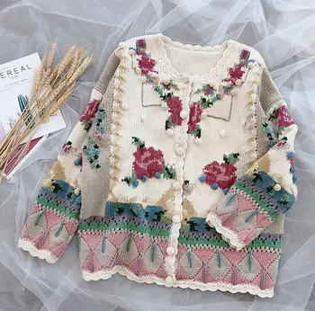 

2020 New Lazy Style Female Fresh And Sweet Flower Embroidery Heavy Industry Sweater Cardigan Jacket