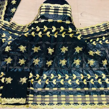 

Black Gold African bazin riche fabric with brode Latest fashion embroidery bazin lace fabric with net lace 7 yards HL0062803