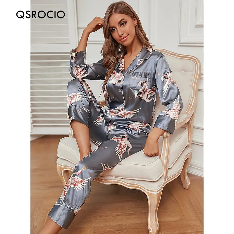 Qsrocio Women's Pajamas Set Luxury Style Flying Cranes Sleepwear Silk ...