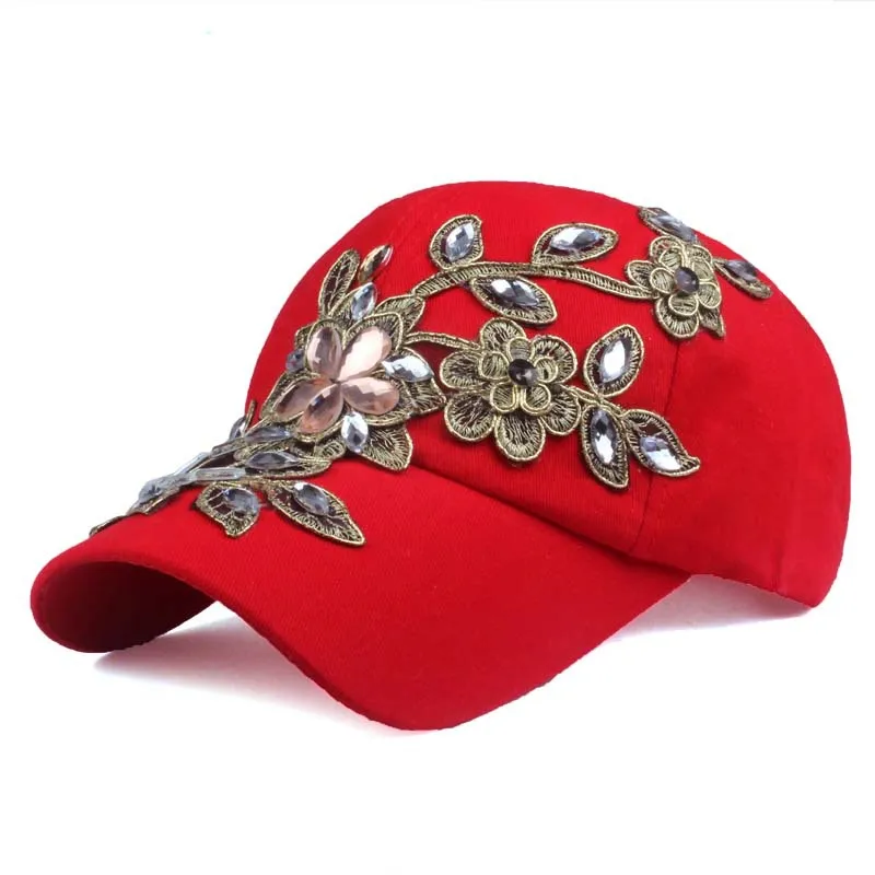 Брендовая бейсболка с цветочным рисунком и бриллиантами, парусиновая бейсболка s для женщин, женская Солнцезащитная шляпа, стразы, джинсовая кепка, шапок - Цвет: red