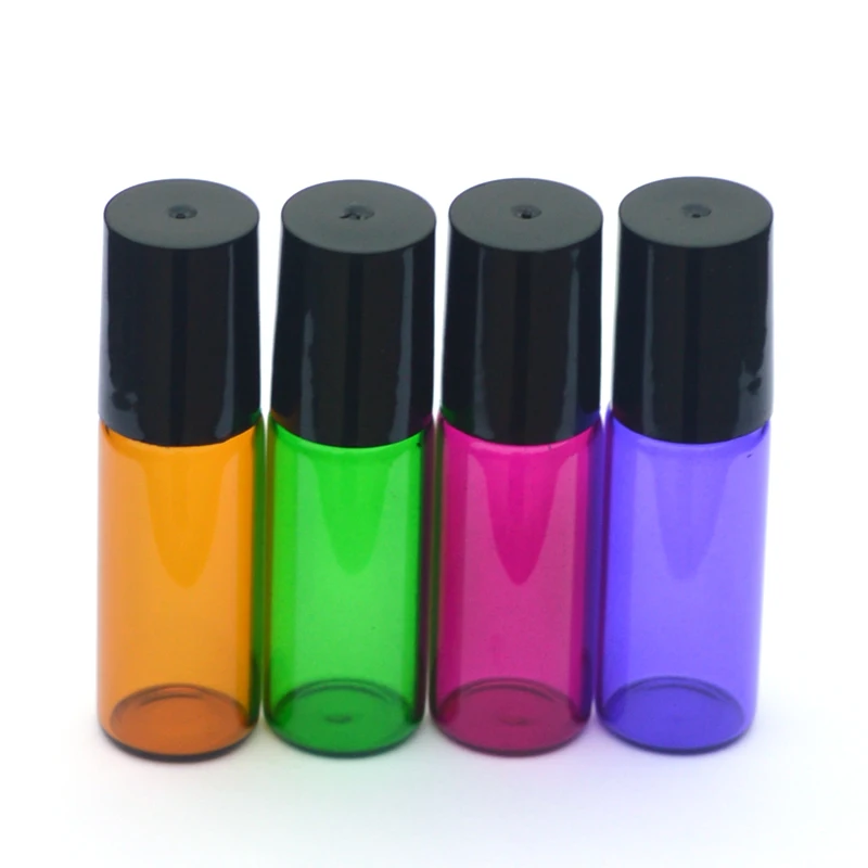 

50pcs Colorful Perfume Roller Vial Refillable Essential Oil Glass Empty 5ml Roll-On Bottle With Metal Ball Black Plastic Cap