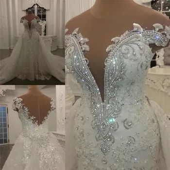 

Modest Mermaid Wedding Dresses with Detachable Skirt Shining Sequins Crystals Beads Appliques Sheer Neck Backless Bridal Gown