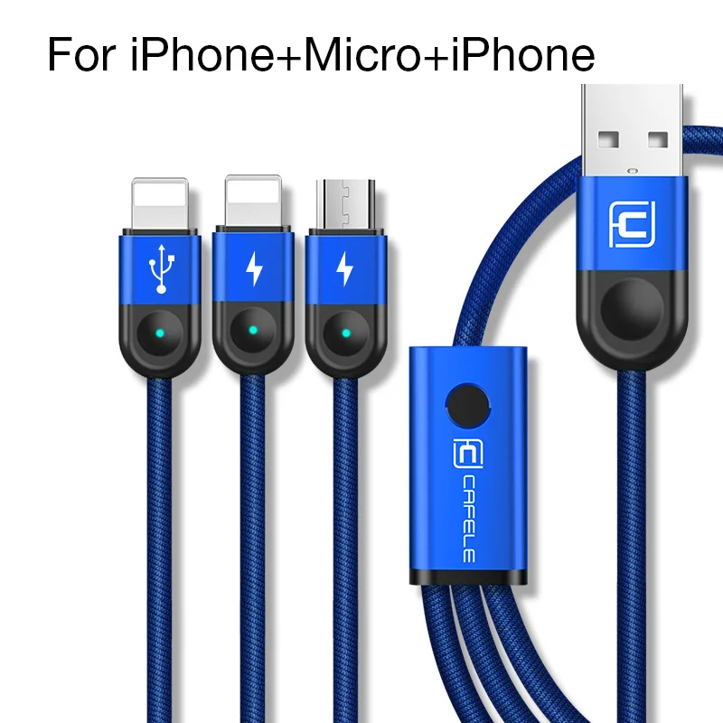 Многофункциональный светодиодный usb-кабель для iPhone, кабель Micro USB C 3 в 1, Плетеный зарядный кабель для iPhone X/8 plus/7 plus - Цвет: L-L-M Blue