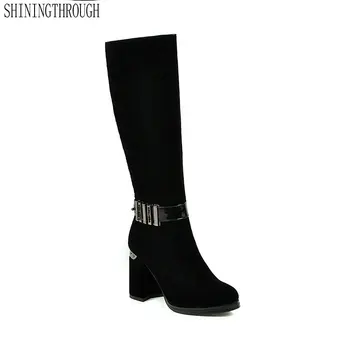 

2020 Round Toe Flock Concise Knee High Boots Zipper Fashion Square High Heel Autumn Winter Women Long Boots Size 34-43