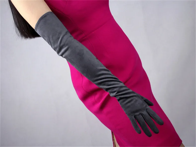 60cm Suede Leather Long Gloves Dark Grey Matte Scrub Suede Emulation Leather Sheepskin Female Models Free Shipping WJP13-60
