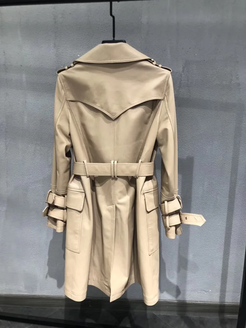 Женская куртка из натуральной кожи; большие размеры; длинное пальто из натуральной овечьей кожи; двубортное пальто в английском стиле; коллекция года; модное кожаное пальто