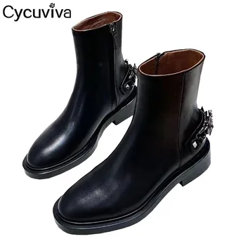 

Genuine Leather Women Ankle Boots Black Metal Chain Flat Knight Boots Round Toe Winter Ladies Shoes Cowboy Chelsea Boots Femme