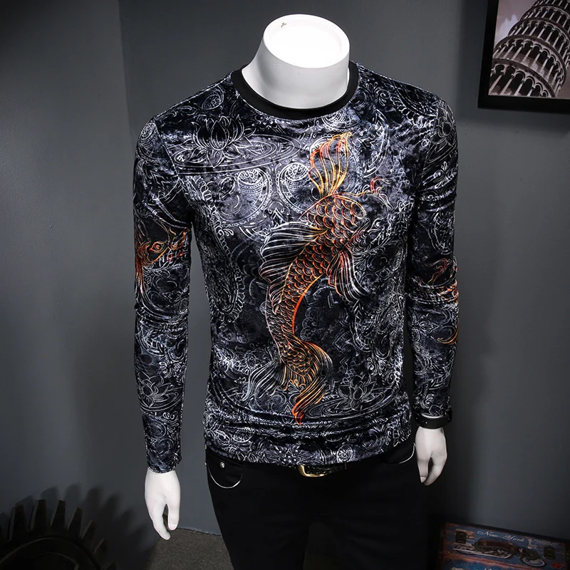 

Vintage T Shirts Round Neck Long Sleeve Velvet Club Outfits Autumn Undershirt Luxury Elegant Slim Fit Men Tshirt