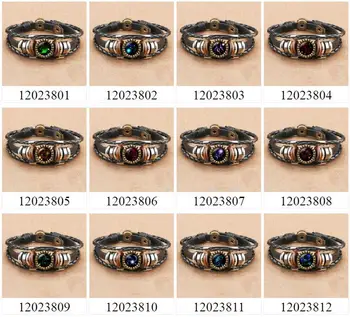 

12pcs Retro multi-colored bronze twelve constellation buckle punk couple braided leather bracelet bangle jewelry jewelry