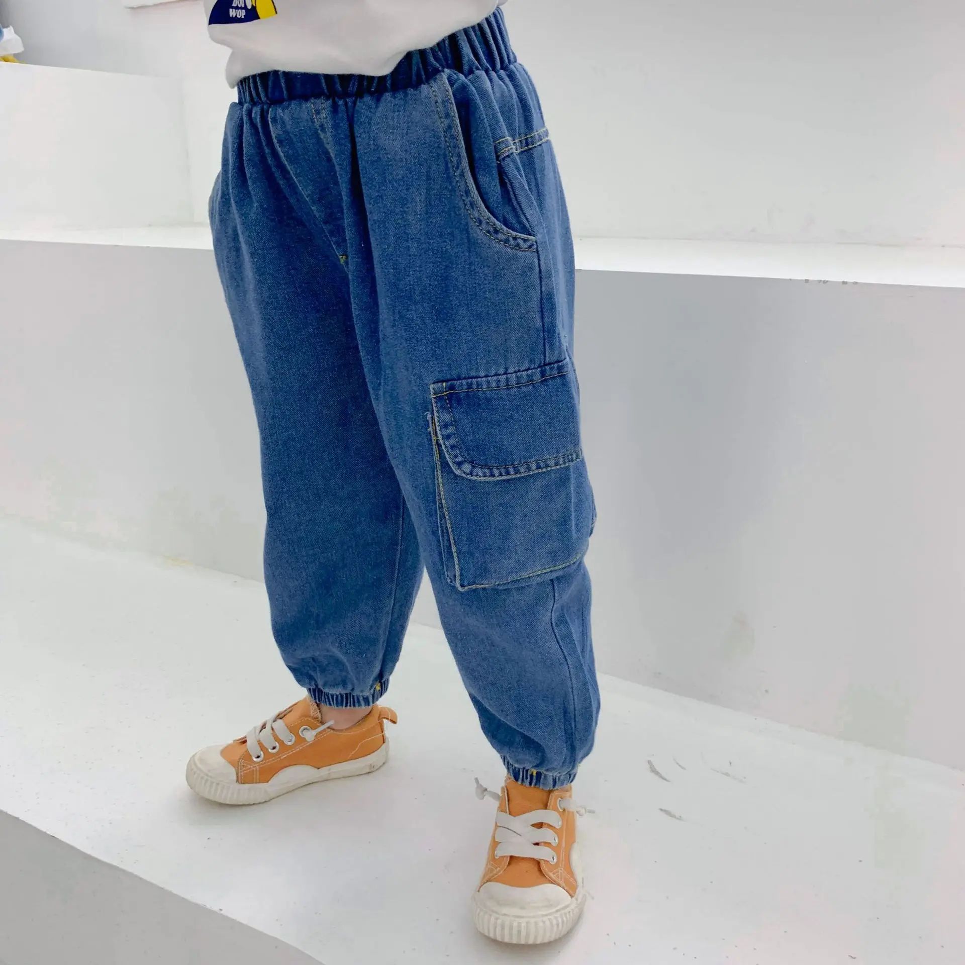 

New autumn Korean style Personalized wild solid color wide leg denim carrot jeans trousers with side pocket for girls