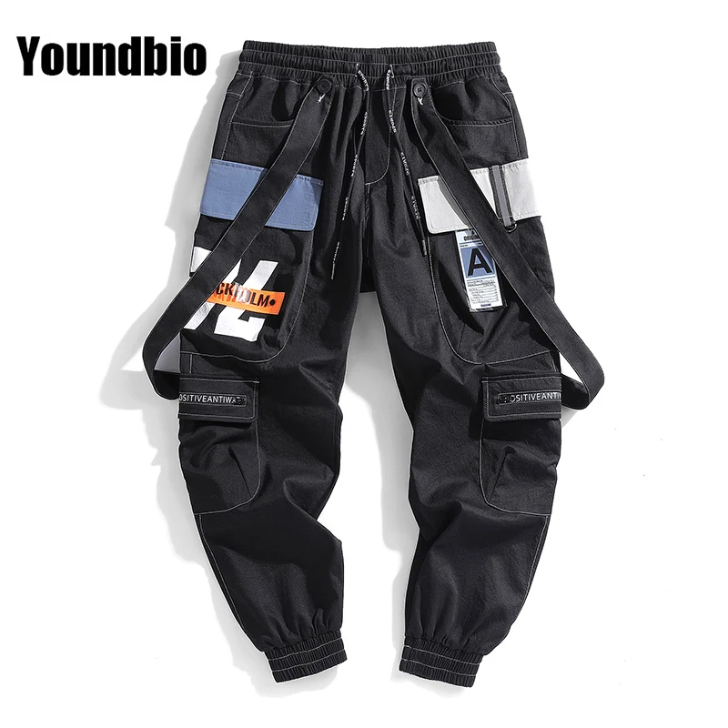 Pantalones Cargo bombachos con bolsillos laterales para hombre, Joggers casuales de Hip-Hop con cintas, ropa de calle de moda, 2021