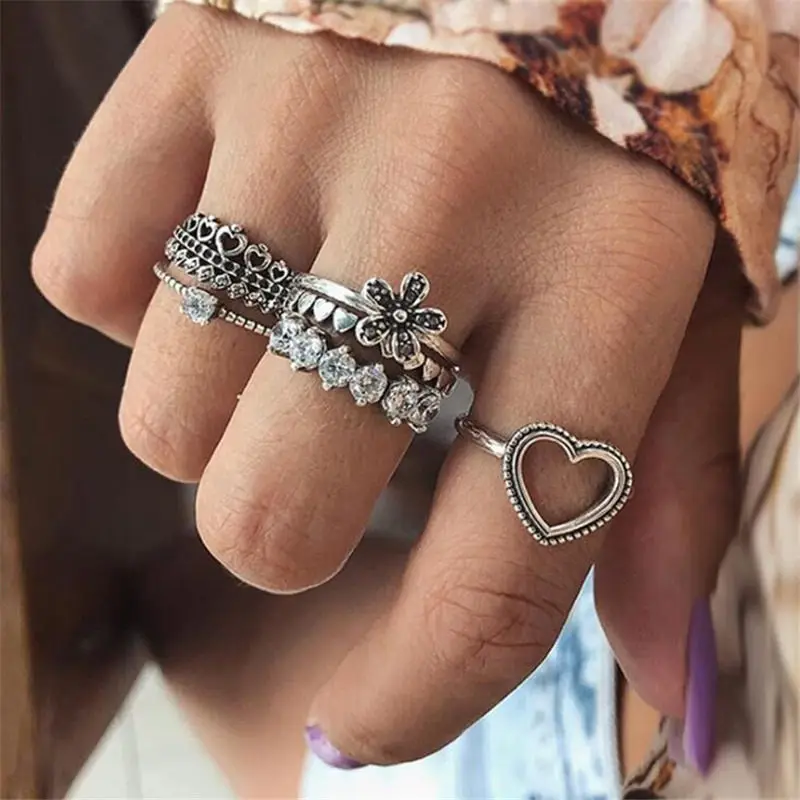 Bohemia Vintage Crystal Geometric Ring Set for Lady Opal Resin Elephant Flower Knuckle Finger Midi Ring Jewelry