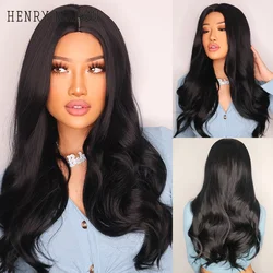 HENRY MARGU Long Black Wavy Synthetic Wigs for Women Brazilian Afro Natural Middle Part Cosplay Party Hair  Heat Resistant Fiber